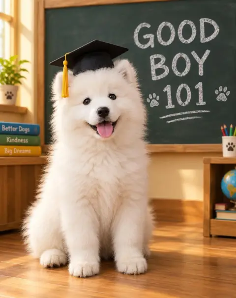 Portrait of a fluffy Samoyed puppy wearing a tiny graduation cap, sitting in front of a chalkboard that says…