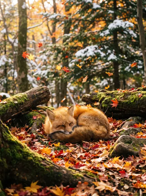 Animals: a red fox curled up asleep under falling maple leaves in a Hokkaido forest, soft autumn light, peaceful