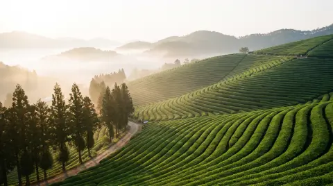 Tea plantations of Boseong, Korea in spring morning, endless rows of bright green tea bushes on rolling hills, mist in t