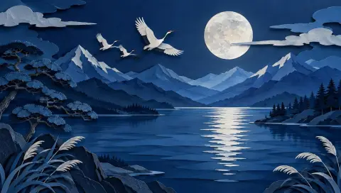 Paper-cut layered illustration of a moonlit mountain lake with cranes flying, depth from stacked paper layers, deep blue