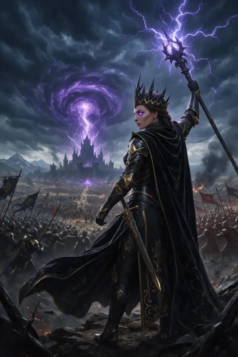 Battle mage queen in obsidian and gold armor raising a staff of lightning above a battlefield, storm clouds swirling, ep