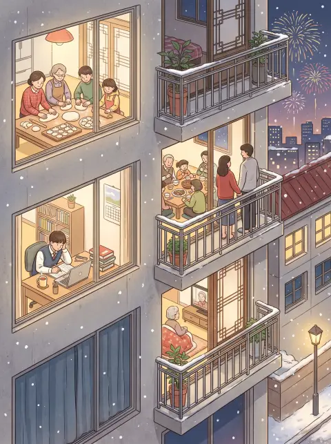 Cutaway illustration of a Korean apartment building on New Year's Eve, each window revealing a different household momen