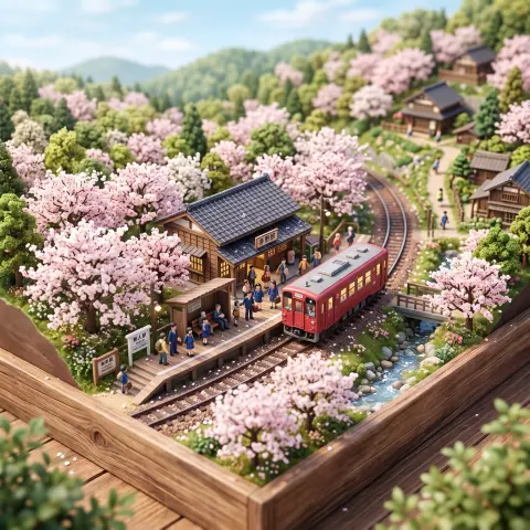 3D miniature diorama of a tiny Japanese train station in spring with cherry trees and a little train, tilt-shift toy loo