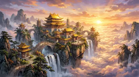Wide guofeng landscape of a floating immortal palace above clouds at sunset, gold-roofed pavilions on cliff peaks connec
