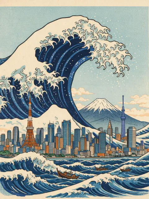 Ukiyo-e inspired woodblock print of a huge wave crashing over a modern Tokyo skyline, traditional textures and color lay