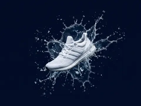 White running sneaker suspended mid-air with splashing water frozen around it, dark navy background, high-speed photogra