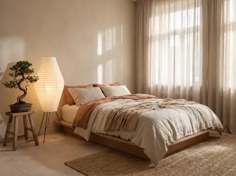 Japandi apartment bedroom with a low platform bed, linen bedding, paper floor lamp, a single bonsai, warm neutral palett