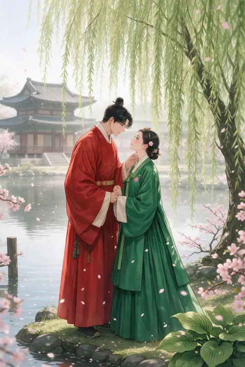 Webtoon historical romance in Joseon: a young king in red royal robes and a court lady in a green dangui meeting under a