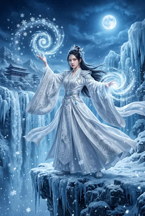 Guofeng ice mage in white and silver hanfu standing on a frozen waterfall, snowflakes swirling from her fingertips, cold