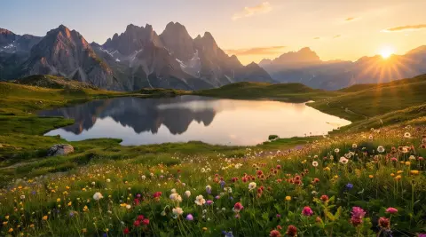 An alpine lake with wildflowers, epic landscape photography, golden hour
