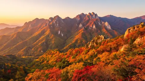 The Seoraksan mountains in autumn foliage, epic landscape photography, golden hour