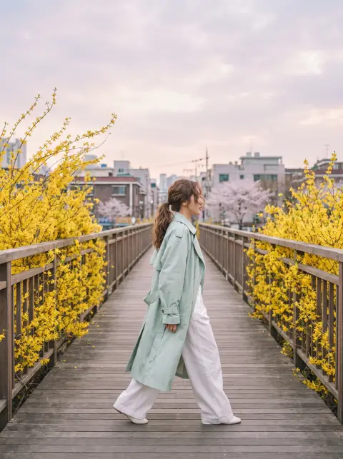 Spring fashion editorial of a model in a pale mint trench coat and wide white trousers crossing a Seoul pedestrian bridg