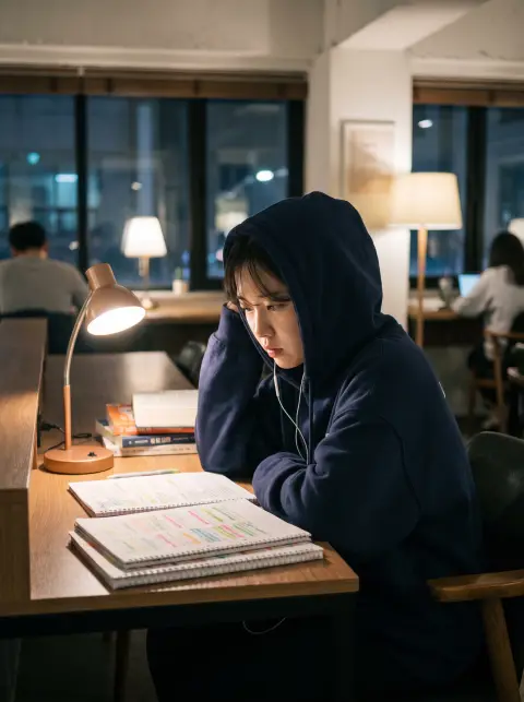 Korean university student in a navy hoodie studying in a 24-hour study café at 3am, desk lamp lighting her face, earphon
