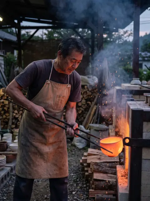 Japanese potter in his fifties in Mashiko pulling a glowing bowl from a raku kiln with long tongs, sparks and smoke, dus