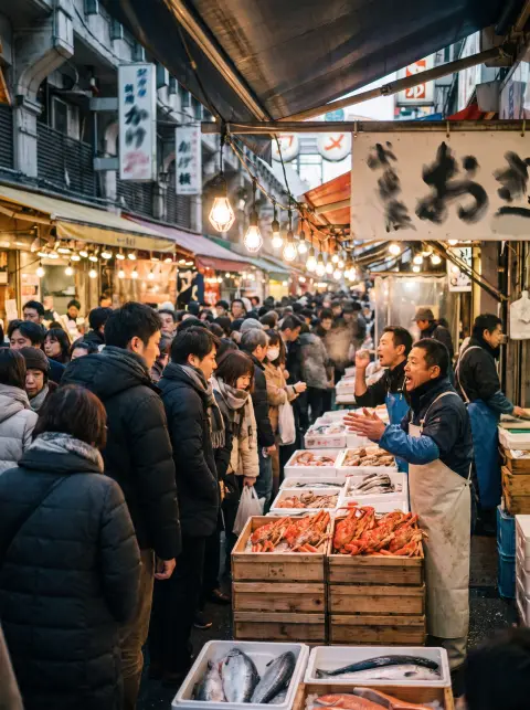 Tokyo's Ameyoko market street in the last days of December, vendors calling out over crates of crab and salmon, dense cr