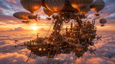 Steampunk airship city floating above the clouds at sunset, brass gears, balloons and propellers, tiny figures on the de