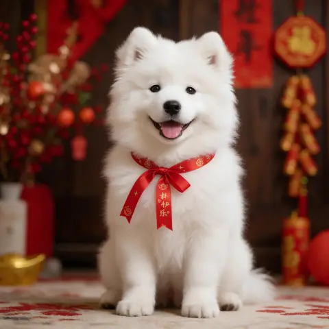 Fluffy white Samoyed puppy with a red ribbon for Lunar New Year, smiling face, festive background
