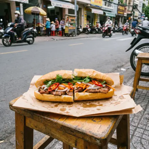Banh mi sandwich cut in half showing pork, pickled vegetables, cilantro and chili, on paper wrap, street side in Saigon