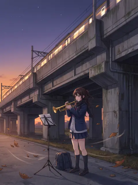 Anime style scene of a girl practising trumpet alone beneath a concrete railway overpass at dusk, fallen leaves skitteri