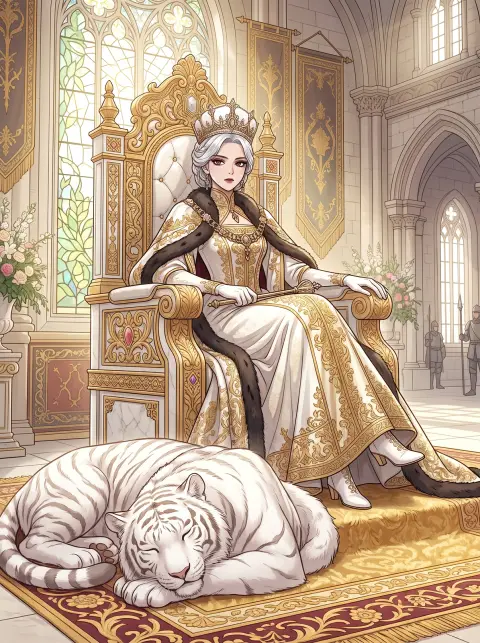 Webtoon fantasy: a young empress in white and gold robes on a throne with a sleeping white tiger at her feet, cold regal