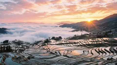 Yuanyang rice terraces in Yunnan at winter sunrise, flooded terraces mirroring a pink and gold sky…