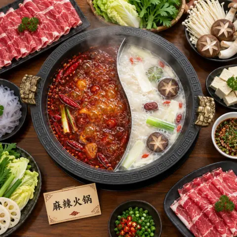 Top-down photo of a Chinese hot pot with red and white broth bubbling, thin beef slices and vegetables around it…