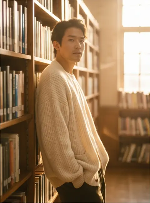 High fashion editorial of an Indonesian man in his thirties wearing an oversized cream knit cardigan in a sunlit library