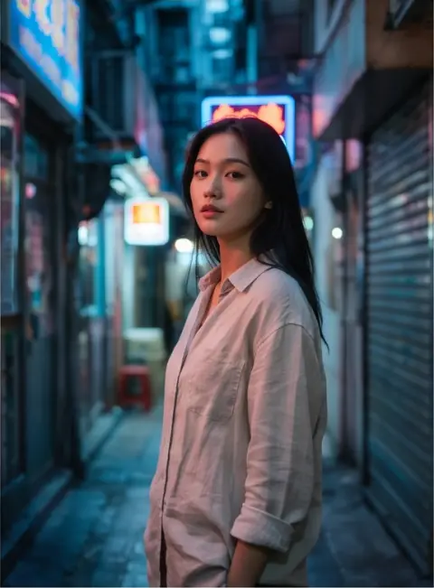 High fashion editorial of a young Chinese woman wearing a linen shirt in a Hong Kong neon alley, blue hour ambience, sho