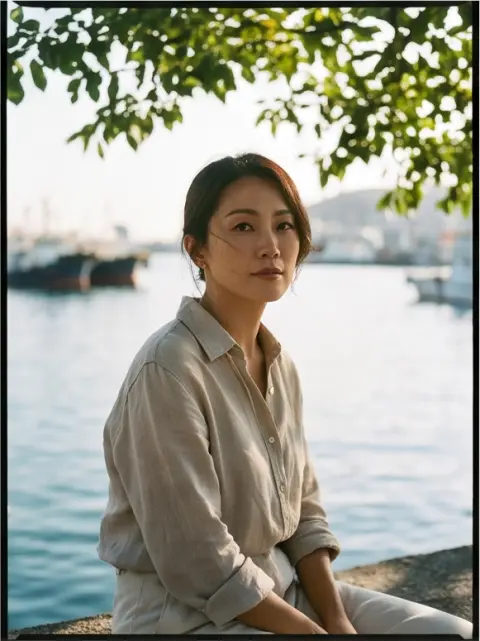 High fashion editorial of a Taiwanese woman in her thirties wearing a linen shirt in a Busan harbor, dappled sunlight th