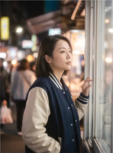High fashion editorial of a Taiwanese woman in her thirties wearing a varsity jacket in a Taipei night market, soft wind