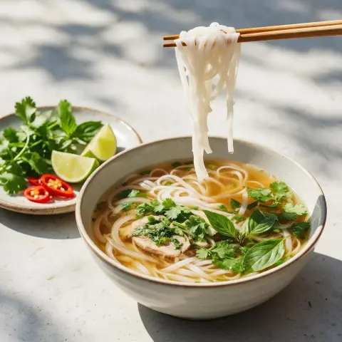 Food photography: a bowl of Vietnamese pho with fresh herbs, lime and chili on the side, chopsticks lifting noodles…