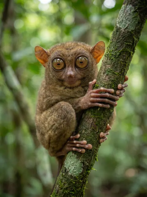 Philippine tarsier clinging to a mossy branch in a Bohol forest at dusk, enormous amber eyes…