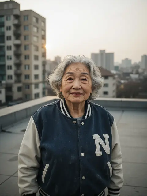 Portrait of a Chinese grandmother wearing a varsity jacket in a Seoul rooftop at golden hour, overcast diffused light, c
