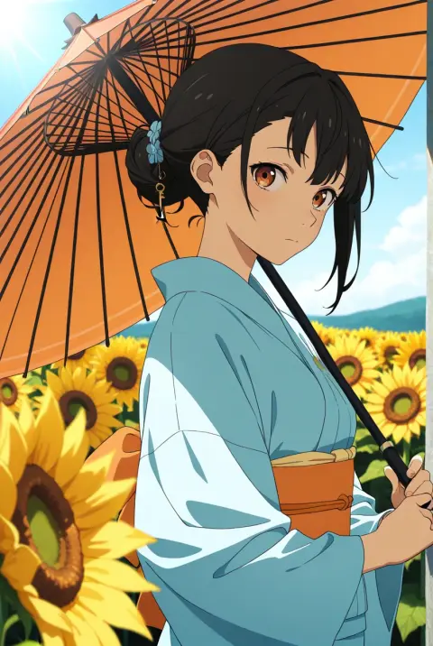 modern anime key visual, cel shading, detailed background: a girl in a kimono with a paper umbrella in a sunflower field
