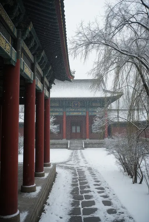Chinese guofeng digital painting of a palace courtyard with red pillars in snow, ink wash textures with fine gold lines,