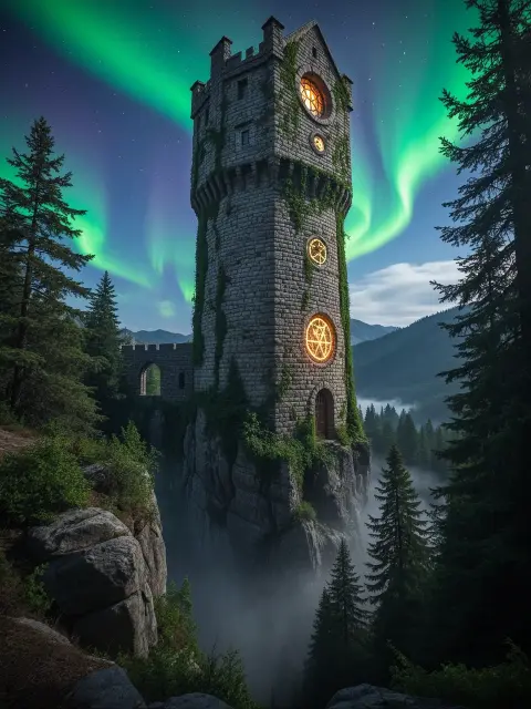 A wizard tower under the aurora, epic fantasy digital painting, cinematic light
