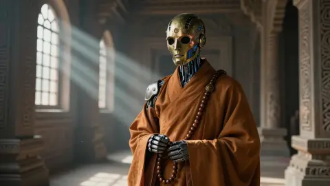 A cyborg monk in a temple, cinematic sci-fi concept art, volumetric light