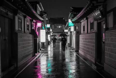 A Seoul alley with neon signs in the rain, cinematic street photography