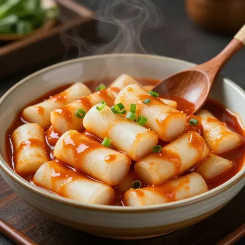 Tteokbokki with fish cakes, professional food photography, appetizing
