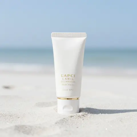 A sunscreen tube on beach sand, luxury product photography, minimal composition