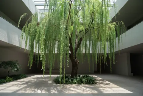 An indoor courtyard with a tree, architectural interior photography, natural light