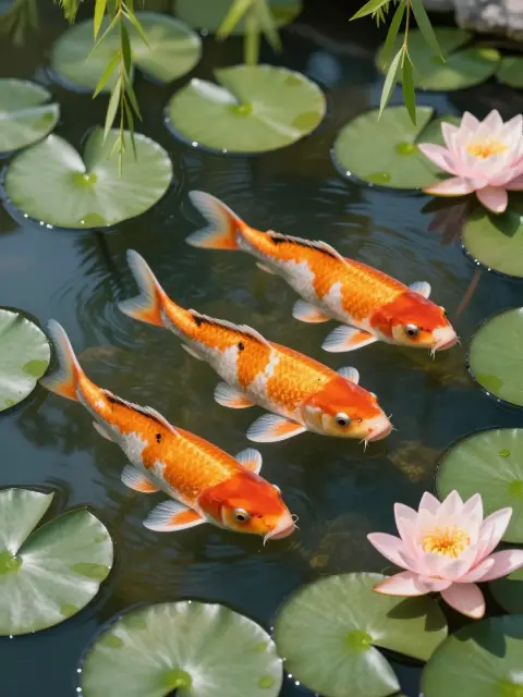 Koi fish in a pond, wildlife photography, sharp detail