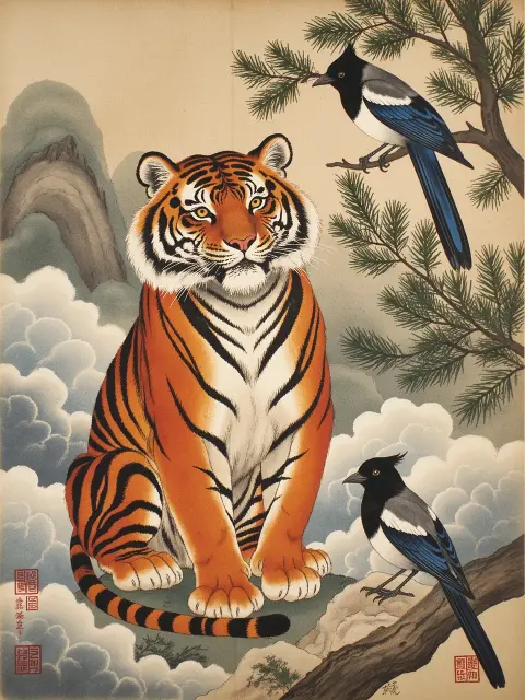 A Korean minhwa tiger and magpie, beautiful illustration