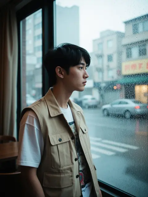 Portrait of a young Korean man wearing streetwear with a cargo vest in a rainy cafe window, cinematic side light, candid