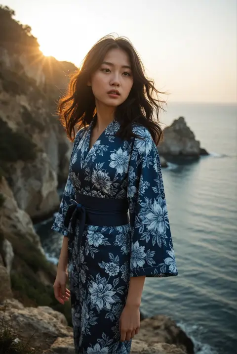 High fashion editorial of a young Chinese woman wearing a yukata with a floral pattern in a seaside cliff, golden hour b