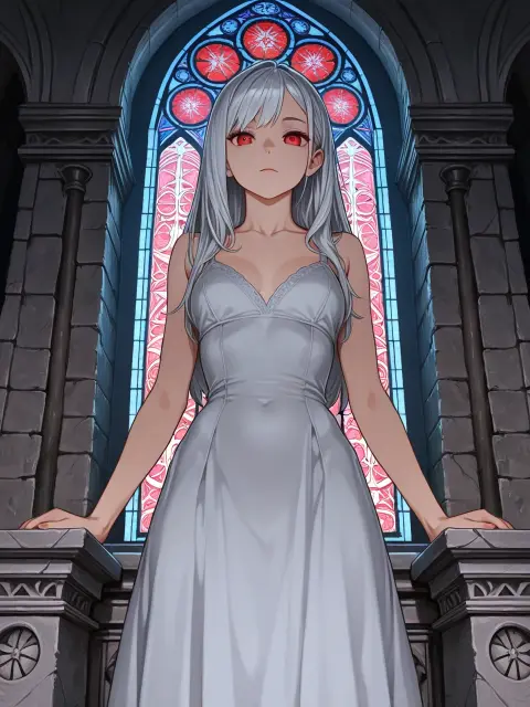 Korean webtoon style, clean line art, soft cel shading: a girl with silver hair and red eyes in a fantasy castle hall