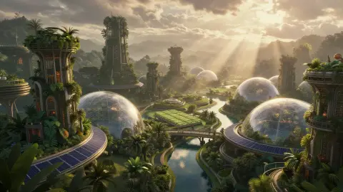 A solarpunk garden city, cinematic sci-fi concept art, volumetric light
