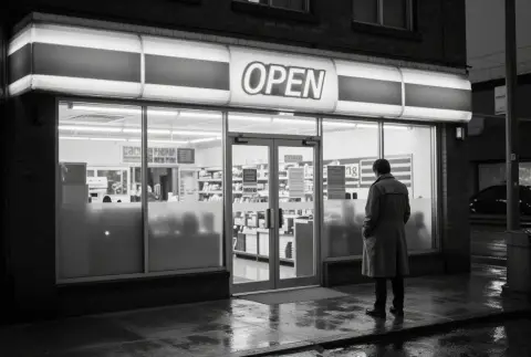 A 24-hour convenience store at midnight, cinematic street photography