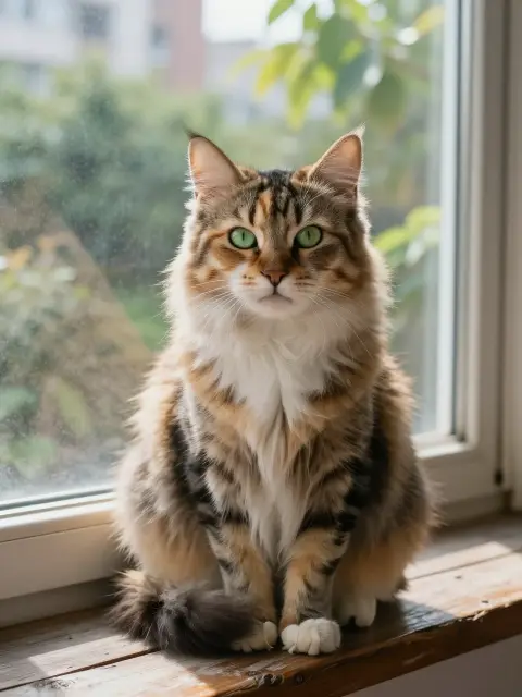 A calico cat on a windowsill, wildlife photography, sharp detail