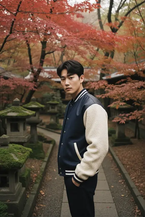 High fashion editorial of a young Korean man wearing a varsity jacket in a Kyoto temple garden, moody low key lighting,
